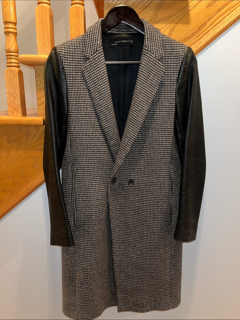 Zara Black and Tan Houndstooth Trench Coat with Black Leather Sleeves